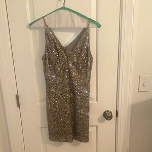 Dress the Population Silver Sequin V-Neck Sheath Mini